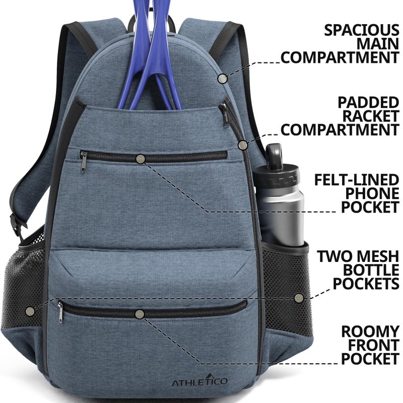 Athletico City Tennis Bag - Tennis Backpack for Men & Women Holds 2 Rackets & Shoes - Bags With Racquet Holder For Tennis, Pickleball, Squash & Badminton - Women's (Gray) - Image 2